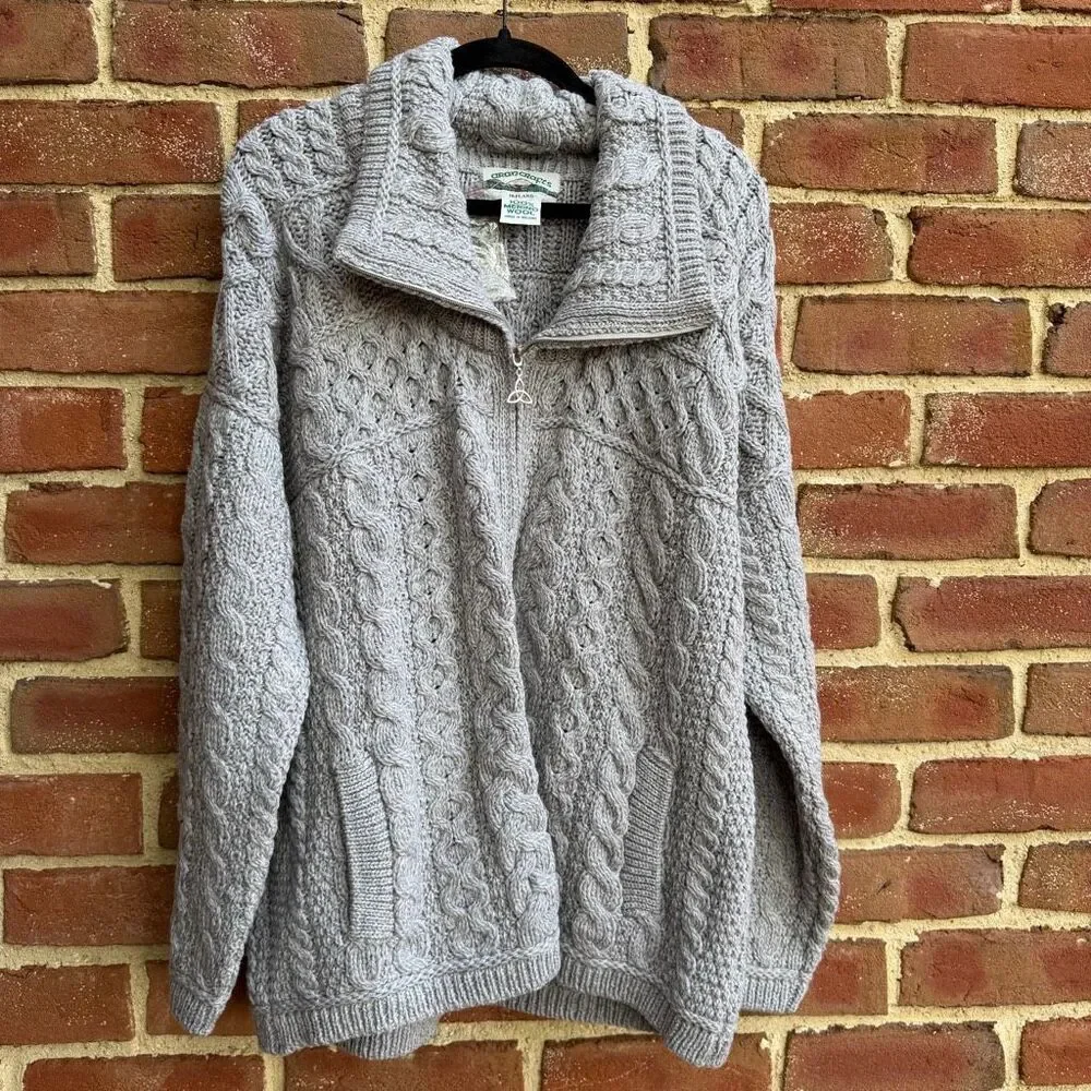 Aran Crafts Women's Merino Wool Cable Knit Full Zip Cardigan Gray XL NWOT